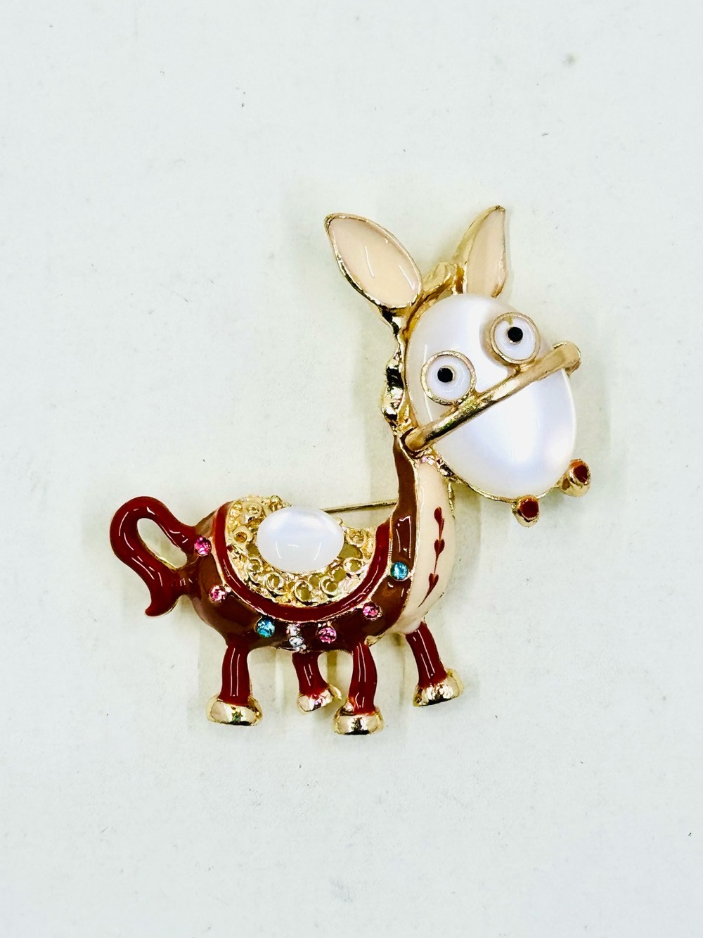 Gold Tone Red Enamel & White Cabochon Jelly Belly Donkey Brooch